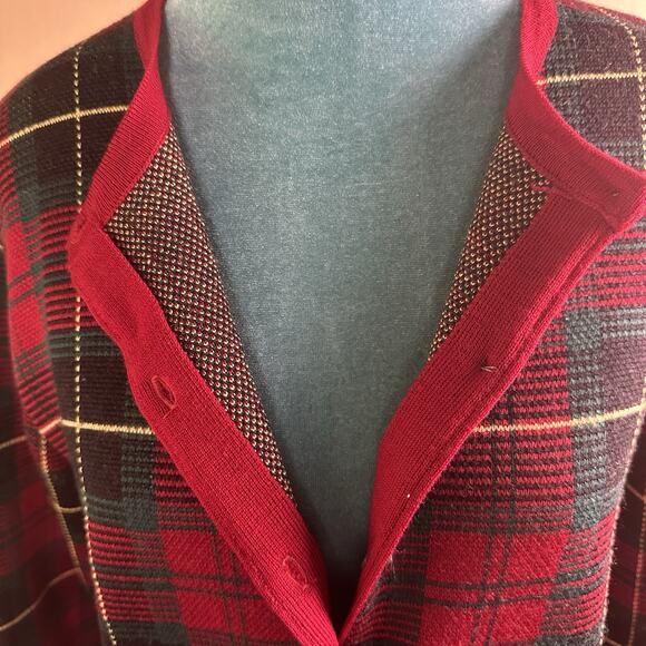 Talbots women S Cardigan Merino Wool Button Red Christmas Plaid made in Italy - Picture 6 of 16